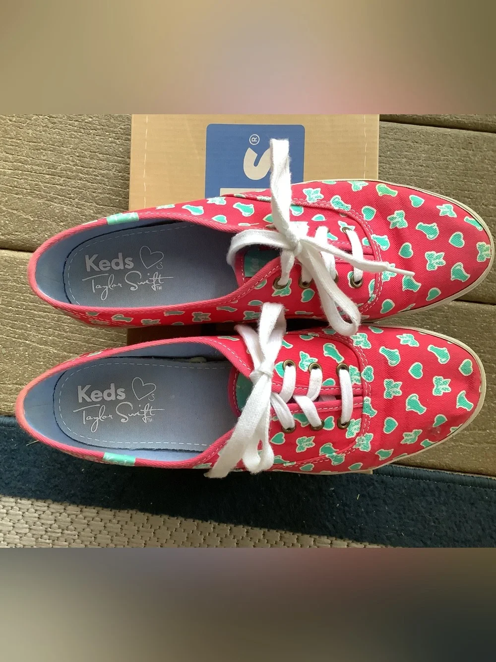 Keds Pink Canvas Sneakers with Mint Green Cat and Heart Print
